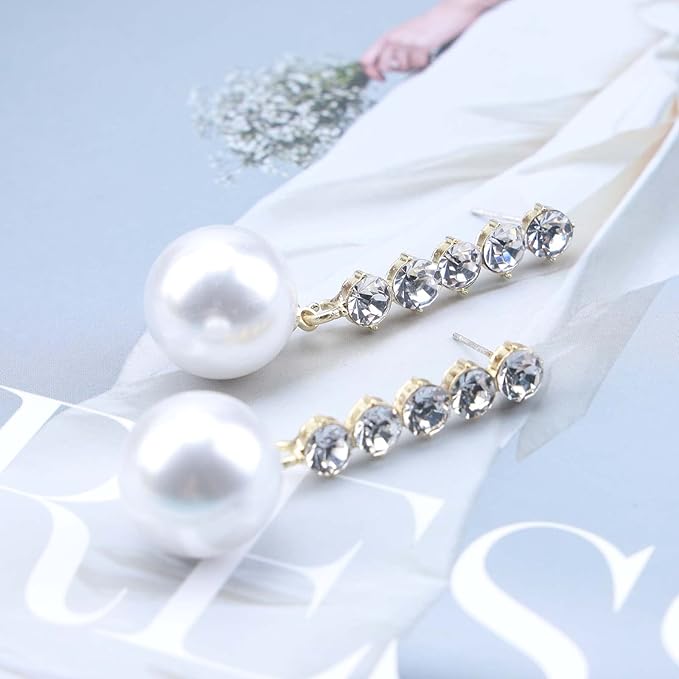 Vintage Pearl Drop Earring Gold Rhinestone Diamond Stud Earrings Cubic Crystal Earrings Wedding Pearl Earrings Jewelry for Women and Girls-VivaGrace Women