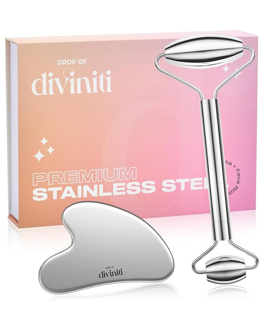 Stainless Steel Face Roller - Premium Gua Sha Facial Tools Stainless Steel GuaSha Tool and Face Roller Set - Gua Sha Stainless Steel Gua Sha Tool - Metal Face Roller and Gua Shua Set - Spa Gifts-VivaGrace Women