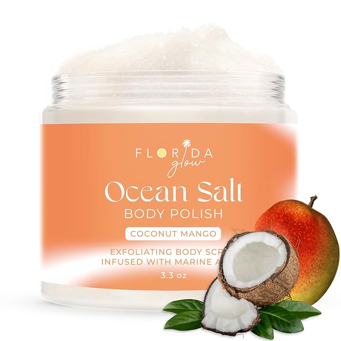 Sea Salt Body Scrub by Florida Suncare - Ocean Salt Body Polish Infused with Marine Algae - Exfoliating Face and Body Scrub - Facial Scrub Exfoliator to Tackle Acne and Scars (Coconut Mango, 3.3 oz)-VivaGrace Women