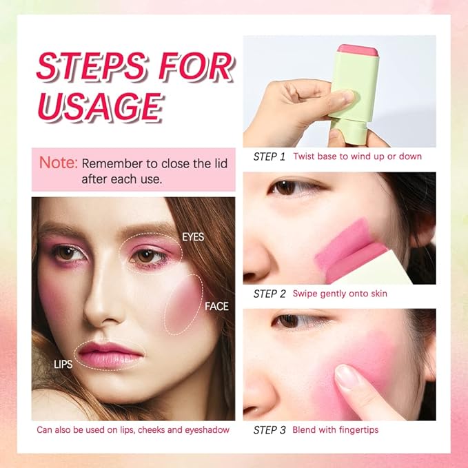 Blush Stick Matte Finish Waterproof Long Lasting Pink Red Cheek Lip Make-up Multi Lip Tint Stick Highlighter High Pigment Rouge Blush for Women Lady Daily Lip Cheek Makeup (2#hot red)-VivaGrace Women