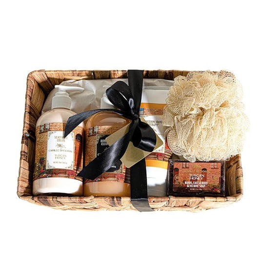 Camille Beckman Essentials Gift Basket, Tuscan Honey, Glycerine Hand Therapy 6 oz, Silky Body Cream 13 oz, Hand and Shower Cleansing Gel 13 oz, Glycerine Soap 3.5 oz-VivaGrace Women