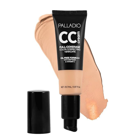 Palladio Full-Coverage Color Correction CC Cream, Oil-Free with Peptides & Vitamin C, Best for Correcting Redness and Uneven Skin Tone, Buildable Foundation Coverage (Light 22N)-VivaGrace Women