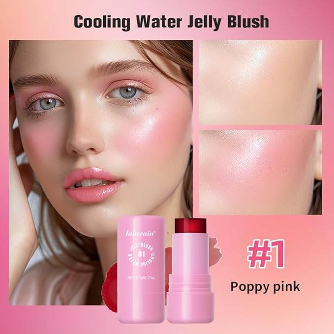 Multi-Use Cooling Water Jelly Blush/Lip Tint & Eye Shadow - Sheer Stain withBuildable Watercolor Finish - Long-Lasting Moisture - 1,000+ Swipes Per Stick - Jelly Texture for Lip & Cheek (Poppy Pink)-VivaGrace Women