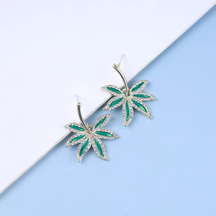 Vintage Emerald Pot Leaf Earrings Green Leaf Drop Earrings Green Marijuana Leaf Earrings Gold Cz Leaf Dangle Earrings Jewelry for Women-VivaGrace Women