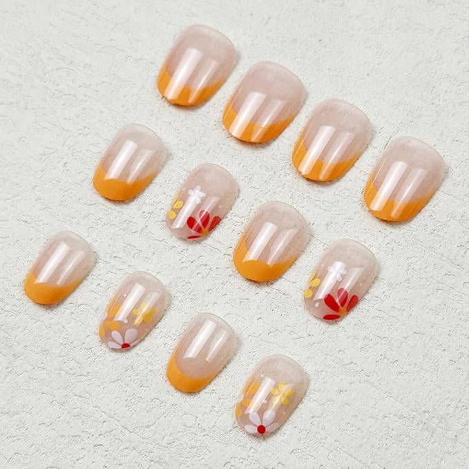 Flower Press on Nails Short Oval Fake Nails with Orange Yellow French Tip Design Glossy Nude Glue on Nails Spring False Nails Full Cover Reusable Summer Stick on Nails for Women Girls Manicure 24pcs