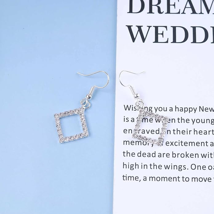 Vintage Crystal Square Drop Earrings Rhinestone Square Dangle Earrings Hollow Square Hook Earrings Silver Sparkly Cz Square Earrings Jewelry for Women-VivaGrace Women