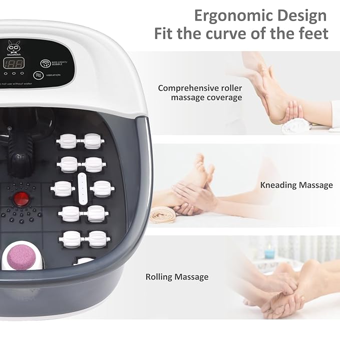Foot Spa Bath Massager with Heat Bubbles and Vibration Massage and Jets, 16 OZ Calming Lavender Foot Soak Epsom Salt, Foot Soaker with Red Light, 22 Massage Rollers, Adjustable Temp - Grey-VivaGrace Women