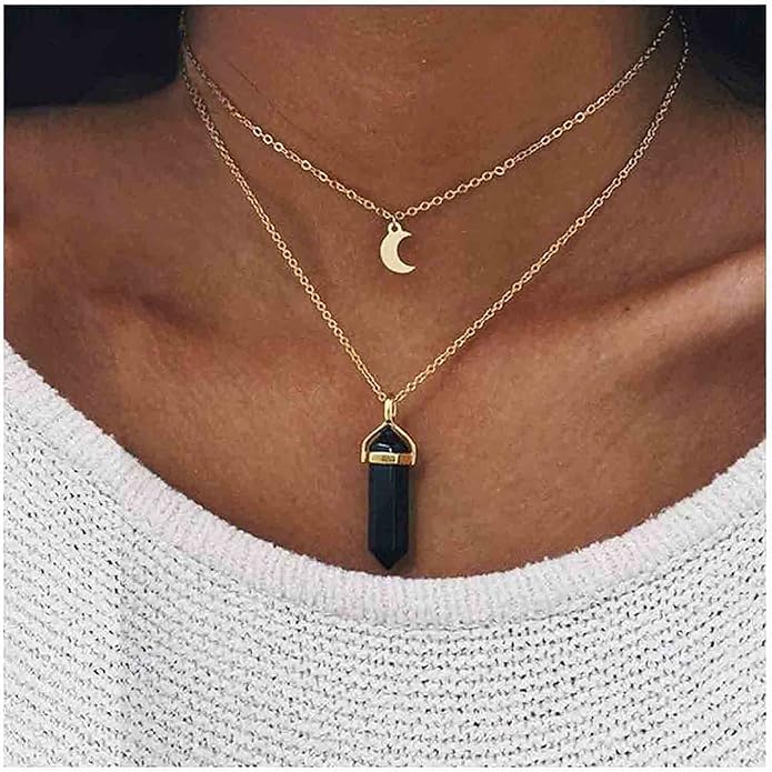 Boho Layered Moonstone Necklace Chain Gold Moon Pendant Necklace Black Hexagonal Stone Necklace Jewelry for Women-VivaGrace Women
