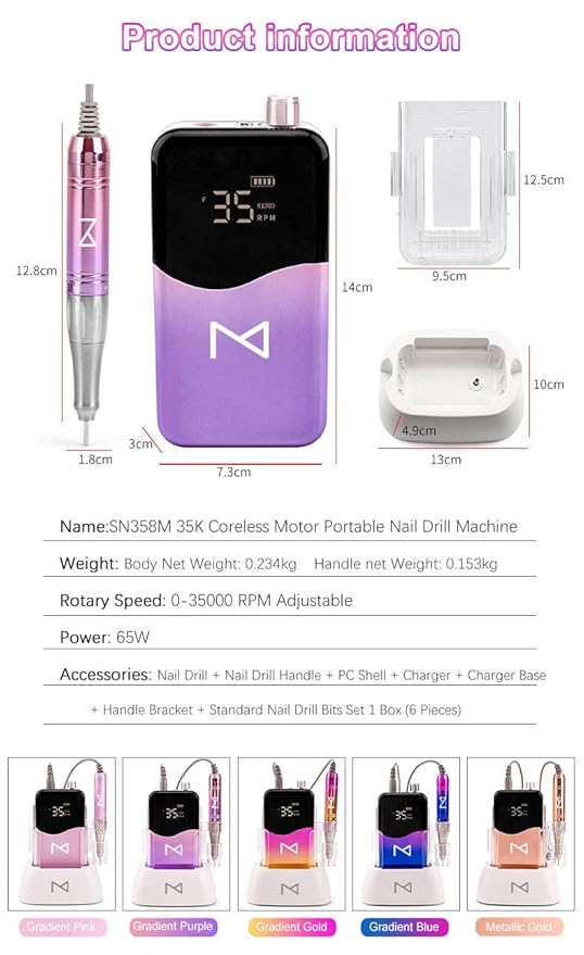 M Mase- Professional Nail Drill Machine - Coreless 2-in-1 Nail File - Electric, Cordless, 35000 RPM, HD Display - Electric Nail Drill for Professional & Home Use (Metallic Gold)-VivaGrace Women