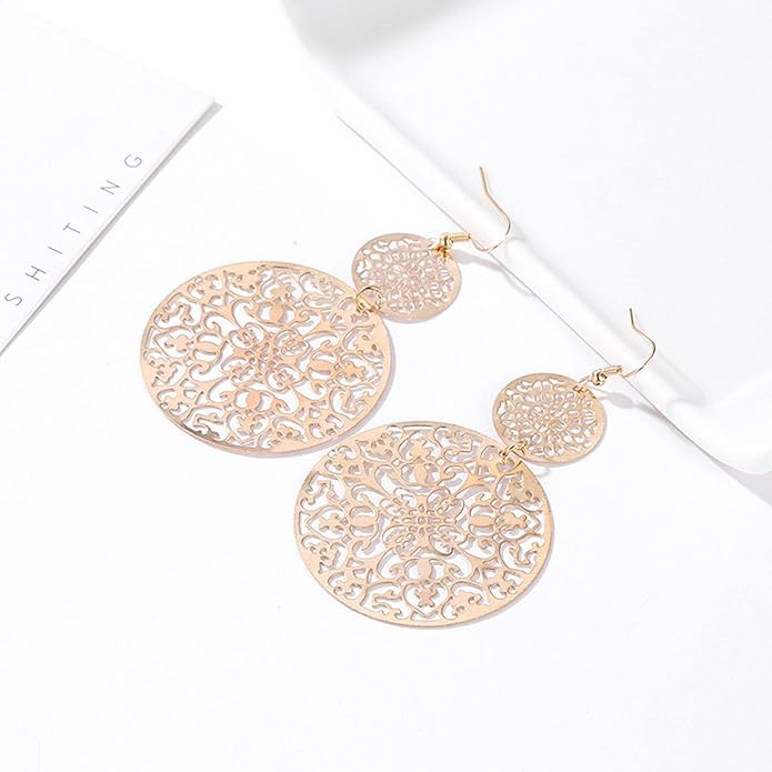 Filigree Hollow Disc Dangle Drop Earrings Boho Gold Ethnic Carved Flower Earrings Double Round Disc Drop Earrings Statement Hook Earrings Wedding Bridesmaid Jewelry for Women and Girls-VivaGrace Women