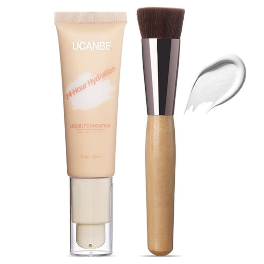 UCANBE White Liquid Foundation with Brush, Skincare Serum Foundation Face Makeup with Hyaluronic Acid, Medium to Medium to Full Coverage Waterproof Oil Control Longwear, for Mature Skin, 1 fl. oz.-VivaGrace Women