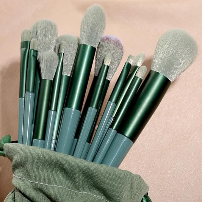 Foundation Makeup Brush Set Kit | 13 Pcs Premium Synthetic Kabuki Eye Shadows Make Up Brushes + 1 Sponge + 1 Brush Bag for Travel and Home Use (GREEN)-VivaGrace Women