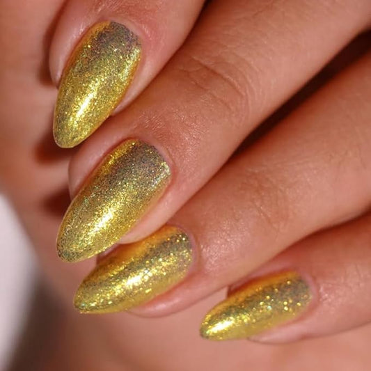 Gold Glitter Press on Nails Medium Almond Shape,KQueenest Iridescent Shimmer Acrylic Fake Nails,Sparkling Gel Nails Press ons,Glossy Flash Glue on Nails Medium False Nails with Designs in 24 PCS