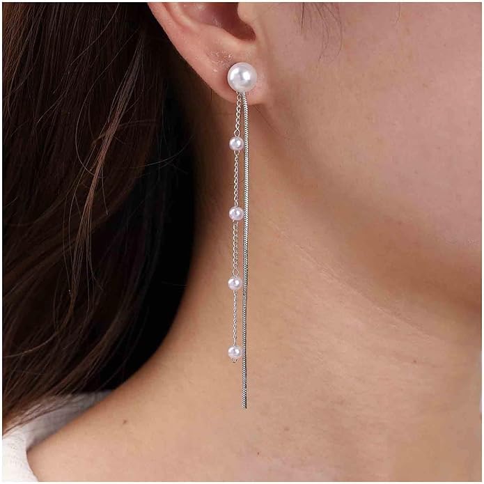 Vintage Pearl Dangle Earrings Long Pearl Chain Earrings Silver Pearl Tassel Drop Earrings Tiny Pearl Bridal Earrings Jewelry for Women-VivaGrace Women