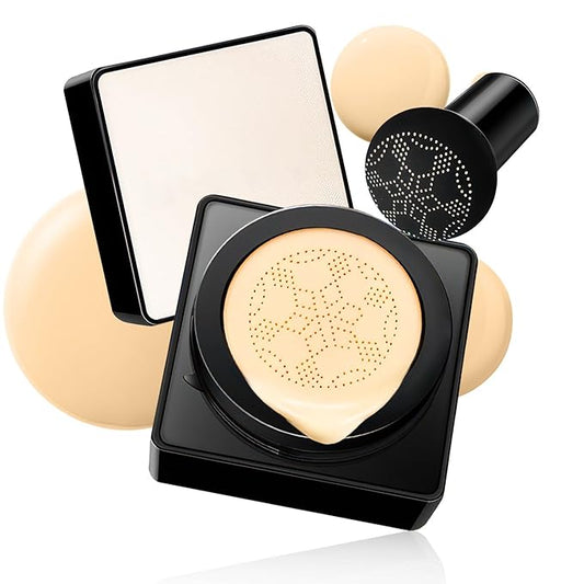 Air Cushion CC Cream Mushroom Head - Moisturizing & Oil Control Screw Lid Concealer Makeup Base, Primer Liquid Foundation Long Lasting with Mushroom Makeup Sponges for All Skin Types (Buff Beige)-VivaGrace Women