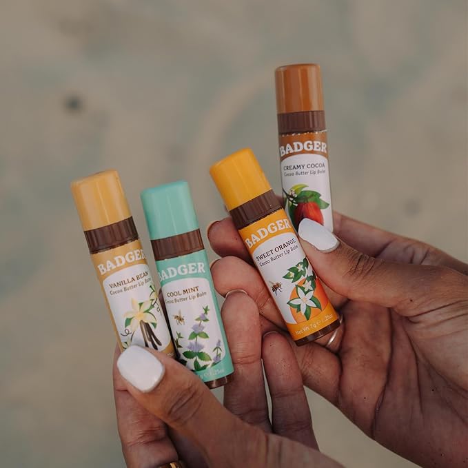 Badger - Cocoa Butter Lip Balm Set, Fair Trade, Certified Organic Lip Butter, Flavored, Cocoa, Vanilla, Orange, Mint, 0.25 oz (4 Pack)-VivaGrace Women