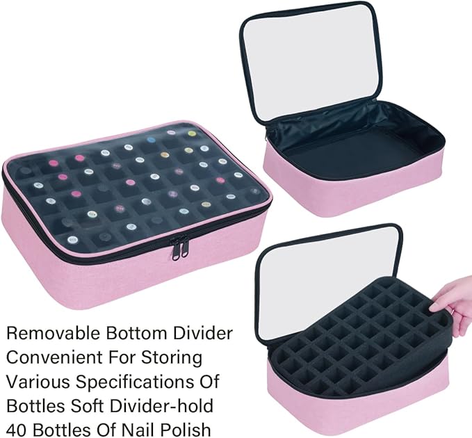 Small Clear Nail Polish Organizer Holds 40 bottles(15ml-0.5fl.oz) Nail Polish Case Multifunctional Nail Polish Bag organizer, Cosmetic Travel Makeup Bags for Women Pink