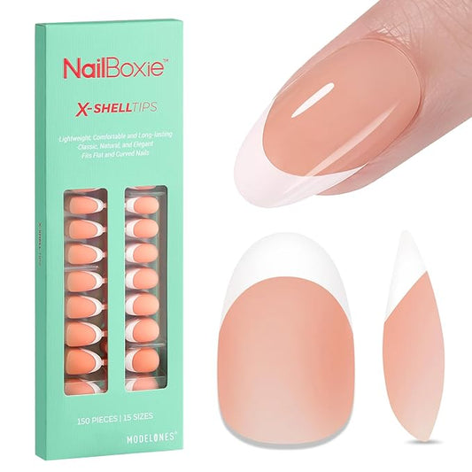 modelones Press on Nails, 150 Pcs French Tip Press on Nails, NailBoxie Brown Short Almond Nail Tips, Soft Gel Nail Tips, Ideal for Wedding, Party, Daily DIY Nail, 15 Sizes (S)-VivaGrace Women