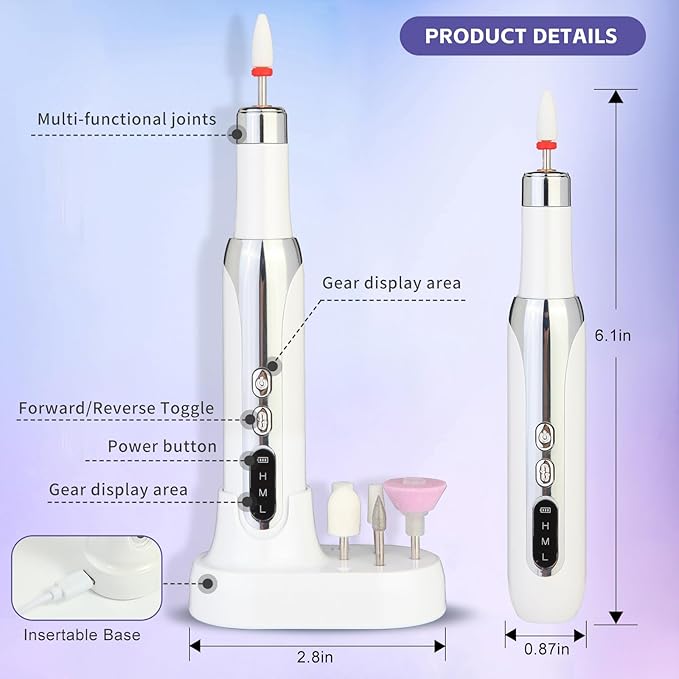 Electric Nail Drill File Cordless,Portable Rechargeable Nail File Kit for Acrylic & Gel Nails,Professional Efile for Manicure Pedicure Polishing,with 12 Nail Drill Bits 31 Sanding Bands,White-VivaGrace Women