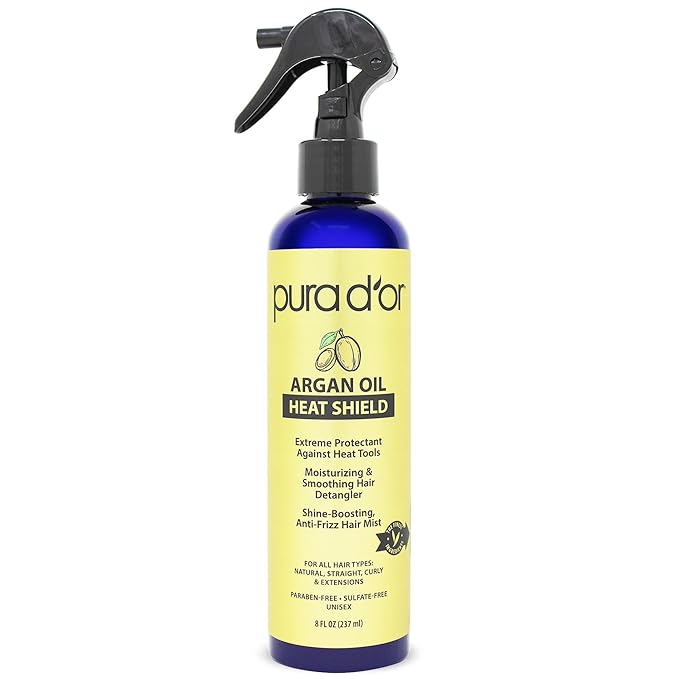 PURA D'OR 8 Oz Argan Oil Heat Shield Protectant Spray with Select Organic Ingredients, Protects Up To 450º F From Flat Iron & Hot Blow Dry, Leave-In, Define & Shine Dry & Damaged Hair-VivaGrace Women