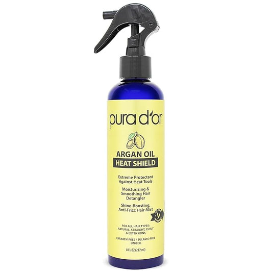 PURA D'OR 8 Oz Argan Oil Heat Shield Protectant Spray with Select Organic Ingredients, Protects Up To 450º F From Flat Iron & Hot Blow Dry, Leave-In, Define & Shine Dry & Damaged Hair-VivaGrace Women