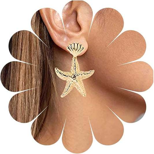 Vintage Starfish Dangle Earrings Starfish Drop Earrings Gold Metal Seashell Stud Earrings Hammered Starfish Earrings Jewelry for Women-VivaGrace Women