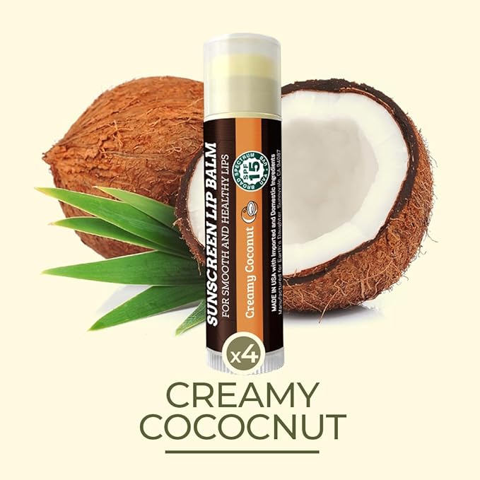 SPF Lip Balm 4-Pack by Earth's Daughter - Lip Sunscreen, SPF 15, Organic Ingredients, Coconut Flavor, Beeswax, Coconut Oil, Vitamin E - Hypoallergenic, Paraben Free, Gluten Free, New-VivaGrace Women