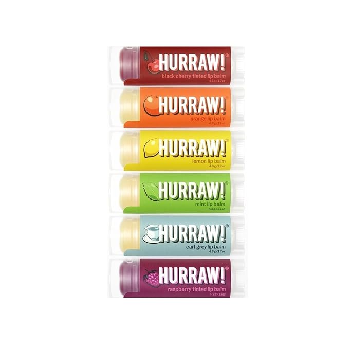 Hurraw! Lip Balms Staff Favorites, 6 Balm Bundle Pack: Black Cherry Tinted (Sheer Red Tint), Orange, Lemon, Mint, Earl Grey, Raspberry Tinted (Sheer Berry Tint). Organic, vegan & raw ingredients.-VivaGrace Women