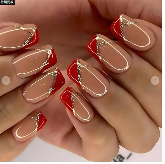Curvlife Press on Nails Acrylic Fake Nails with Design Full Cover False Nails Reusable Nail Kit with Nail Glue Adhesive Tabs Nail File Artificial Glue on Nails (Red mosaic, 30pcs)