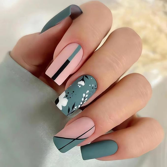 24Pcs Square Press on Nails Medium Fake Nails Summer Stick on Nails Olive Green Color Refreshing False Nails with Flower Designs Cute Acrylic Nails Glue on Nails for Women & Girls