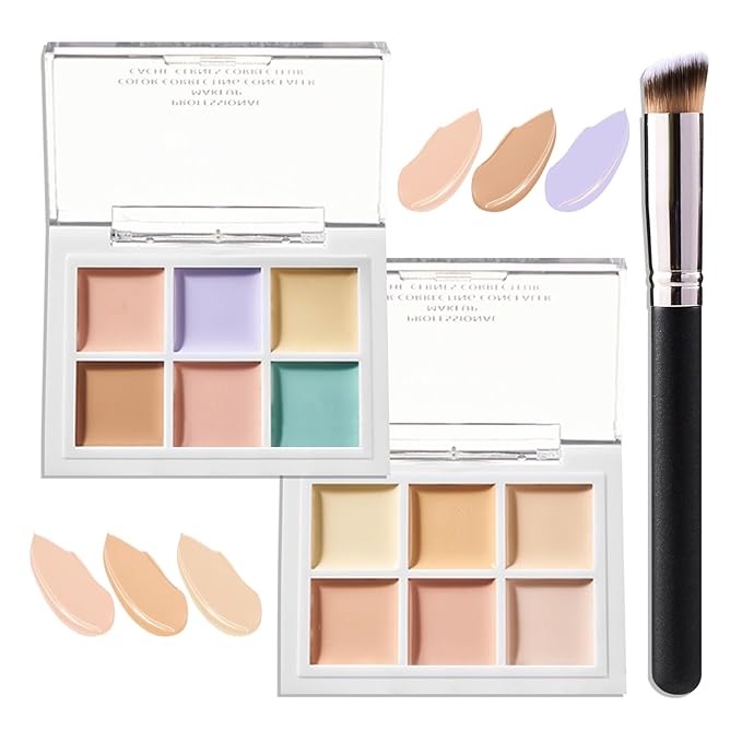 12 Colors Correcting Concealer Contour Makeup Palette, 6 in 1 Color Corrector Palette,Highlighting Concealer Palette Contouring Liquid Foundation Makeup Kit with Brush（2PCS）-VivaGrace Women