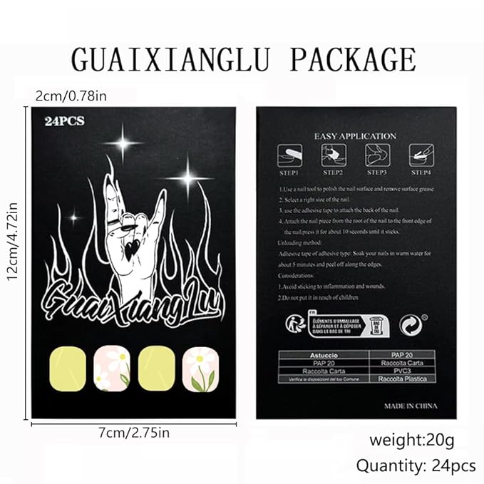 24Pcs Short Press on Nails Square Shaped Fake Nails Yellow Flower False Nails for Women Cute Glossy Stick on Nails Reusable Artificial Acrylic Nails Summer Glue on Nails Manicure Kit
