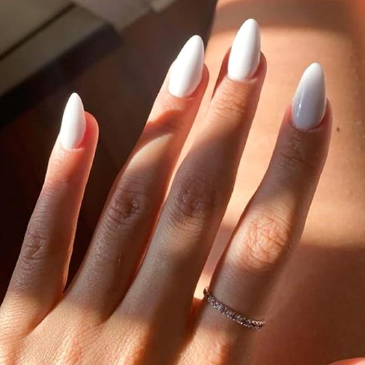 Medium Press on Nails Almond Fake Nails with Pure Color Designs White Glue on Acrylic Nails Glossy False Nails for Women and Girls