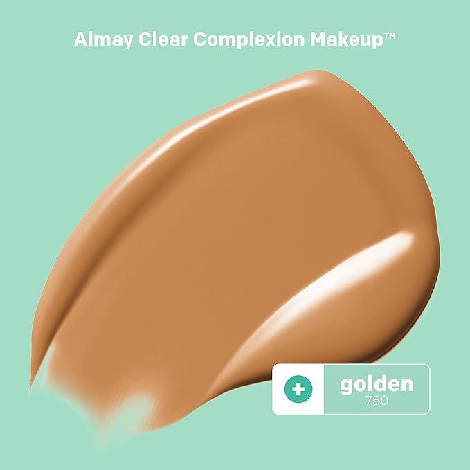 Almay Clear Complexion Acne Foundation Makeup with Salicylic Acid - Lightweight, Medium Coverage, Hypoallergenic, Fragrance-Free, for Sensitive Skin, 750 Golden, 1 fl oz.-VivaGrace Women