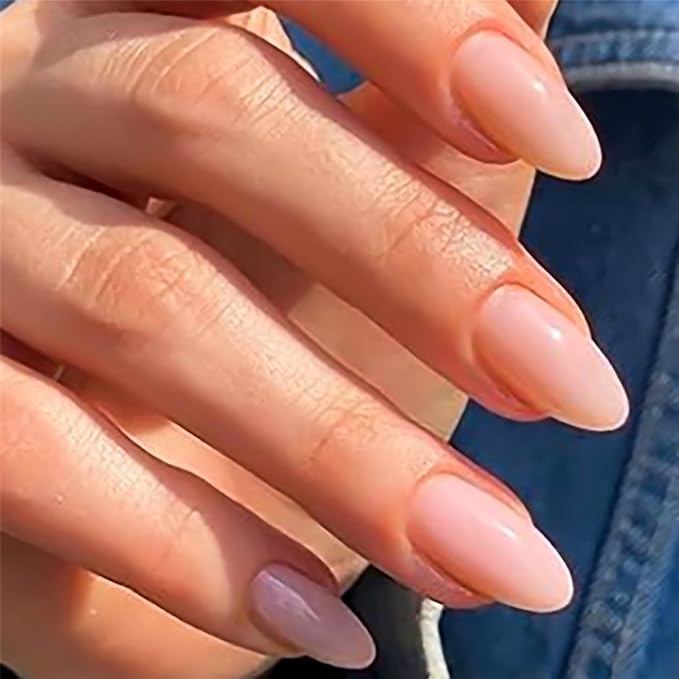 Nude Pink Press on Nails Almond Medium Fake Nails Glossy Stick on Nails with Designs Natural Pure False Nails Glue on Acrylic Nails for Women and Girls