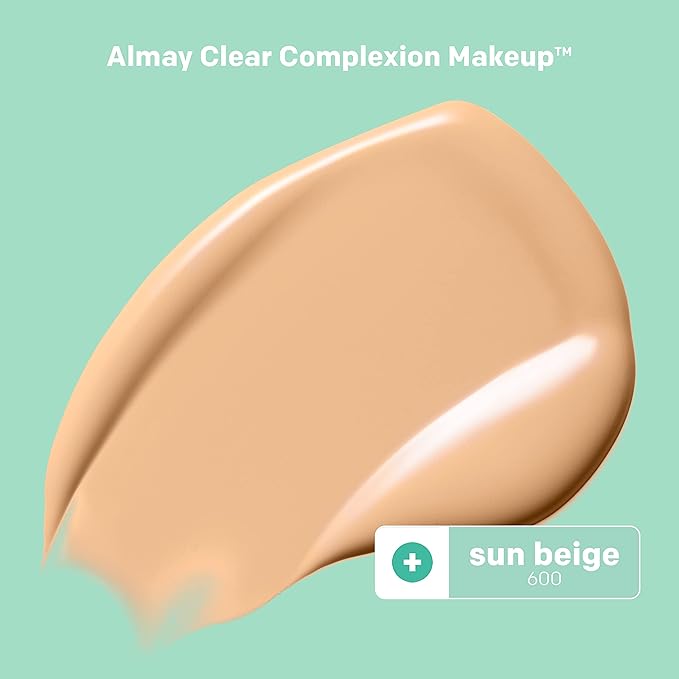 Almay Clear Complexion Acne Foundation Makeup with Salicylic Acid - Lightweight, Medium Coverage, Hypoallergenic, Fragrance-Free, for Sensitive Skin, 600 Sun Beige, 1 fl oz.-VivaGrace Women