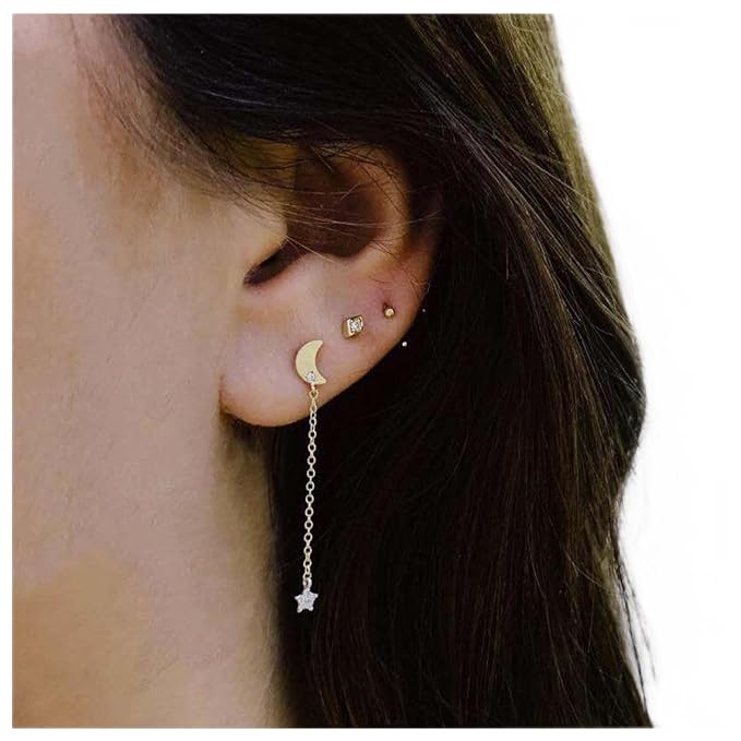 Bohemia Moon Star Dangle Earrings Gold Cz Moon Drop Chain Earrings Crystal Star Earrings Star Chain Earrings for Women and Girls-VivaGrace Women