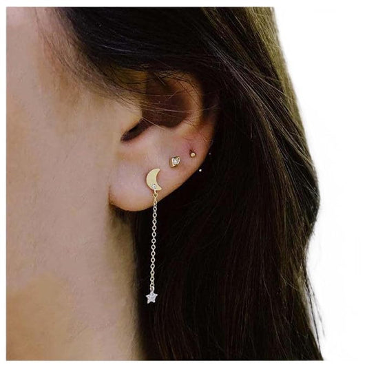Bohemia Moon Star Dangle Earrings Gold Cz Moon Drop Chain Earrings Crystal Star Earrings Star Chain Earrings for Women and Girls-VivaGrace Women