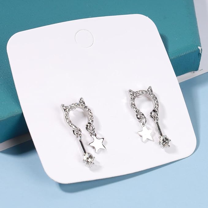 Crystal Cat Studs Earrings Silver Crystal Star Dangle Earrings Boho Rhinestone Drop Earrings Natural Inspired Animal Earrings Jewelry for Women and Girls Cat Lover Gifts-VivaGrace Women
