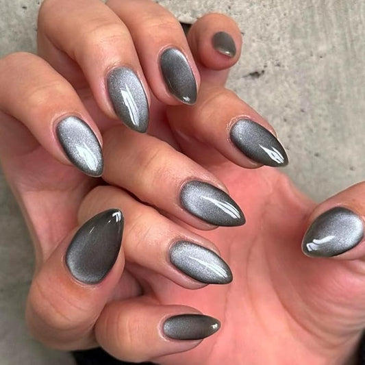 KQueenest Glitter Cat Eye Press on Nails Short Almond with UV Coating, Thick Cute Gel Nails Press on, Gloss Acrylic Fake Nails Glue on with Bling Design - 30 Reusable False Nails, Smoky Grey Sparkle