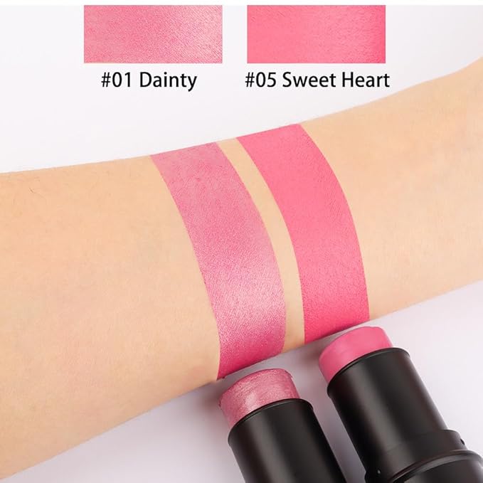 evpct 2Pcs Shimmer Pink Rose Cream Blush Stick for Cheeks Lips Tint Eyes Contour Highlighter Makeup Sticks Lightweight Hydrating formula rubor en crema para los cachetes 01 Dainty & 05 Sweet Heart-VivaGrace Women