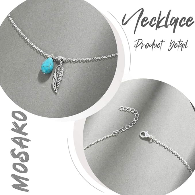 Boho Turquoise Necklaces Silver Feather Pendant Necklace Chain Short Delicate Dainty Necklaces Jewelry for Women-VivaGrace Women