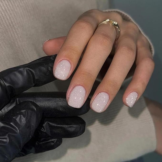 KQueenest White Cat Eye Press on Nails Short Square, 30 Pcs Glitter Acrylic Fake Nails Press ons, Shiny Sparkle Glue on Nails Short, Reusable Full Cover False Stick on Nails for Women Daily Wear