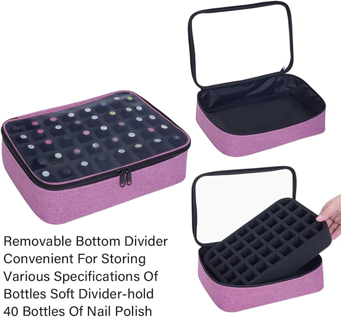 Small Clear Nail Polish Organizer Holds 40 bottles(15ml-0.5fl.oz) Nail Polish Case Multifunctional Nail Polish Bag organizer, Cosmetic Travel Makeup Bags for Women Purple