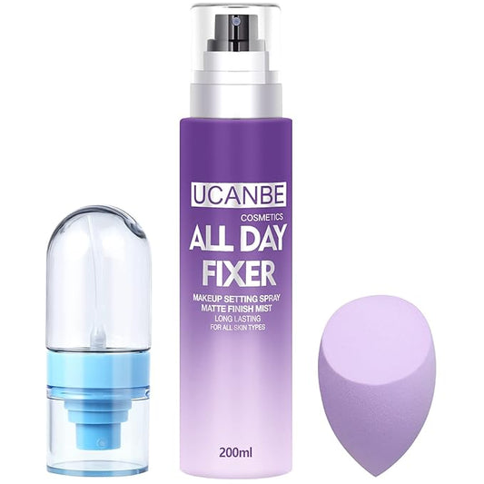 Long Lasting Makeup Setting Spray Kit- 6.76 Fl oz Hydrating Matte Finish Mist Lightweight Face Make up Fixer +Travel Size Spray Bottle+Sponge Puff Makeup Set-VivaGrace Women