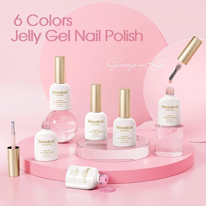 Beautpal Jelly Nude Pink Gel Nail Polish of 6 Colors Translucent Milky White Nude Sheer Gel Polish Kit for Salon Manicure and Nail Art DIY at Home 8ml