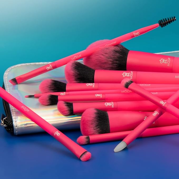 MODA Totally Electric Neon Full Face Makeup Brush Kit – 13pc Vibrant Brush Set for Face & Eyes with Zip Case (Neon Pink)-VivaGrace Women