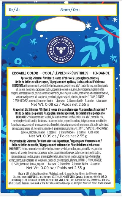 Burts Bees Kissable Colo, Apricot, Grapefruit, Watermelon Lip Shimmer Gift Set of 3 x 0.09 oz (2.55g) - 1 Count-VivaGrace Women