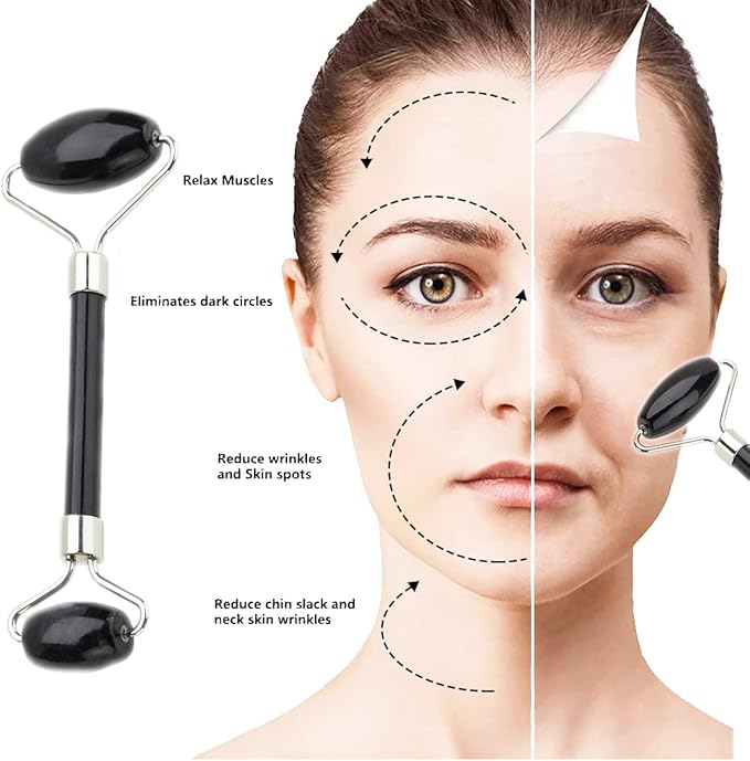 Eye Mask Set (2packs) - Hot and Code Eye Mask and Facial Roller Tools Set 100% Natural Jade Stone Beauty Massage Body Eyes Neck for Dark Circles and Puffiness-Color Black-VivaGrace Women