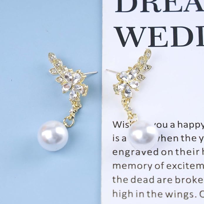 Vintage Crystal Flower Ear Climber Earrings Rhinestone Pearl Dangle Earrings Gold Cz Chain Tassel Earrings Sparkly Pearl Drop Earrings Jewelry for Women-VivaGrace Women